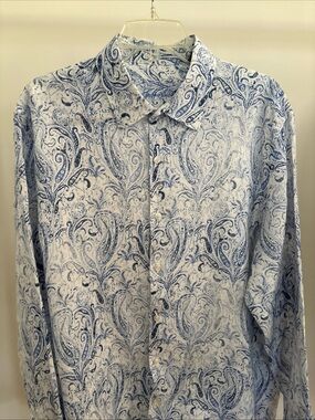 Tasso Elba Men's 100% Linen Long Sleeve Shirt Size XL Blue Paisley Pattern